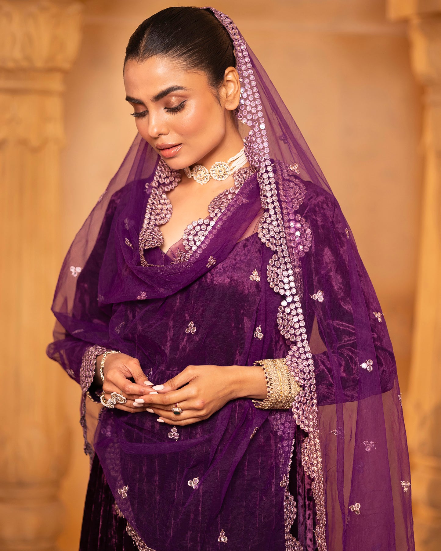 Mehru Deep Orchid Silk Velvet Anarkali with Pant and Dupatta - Set of 3