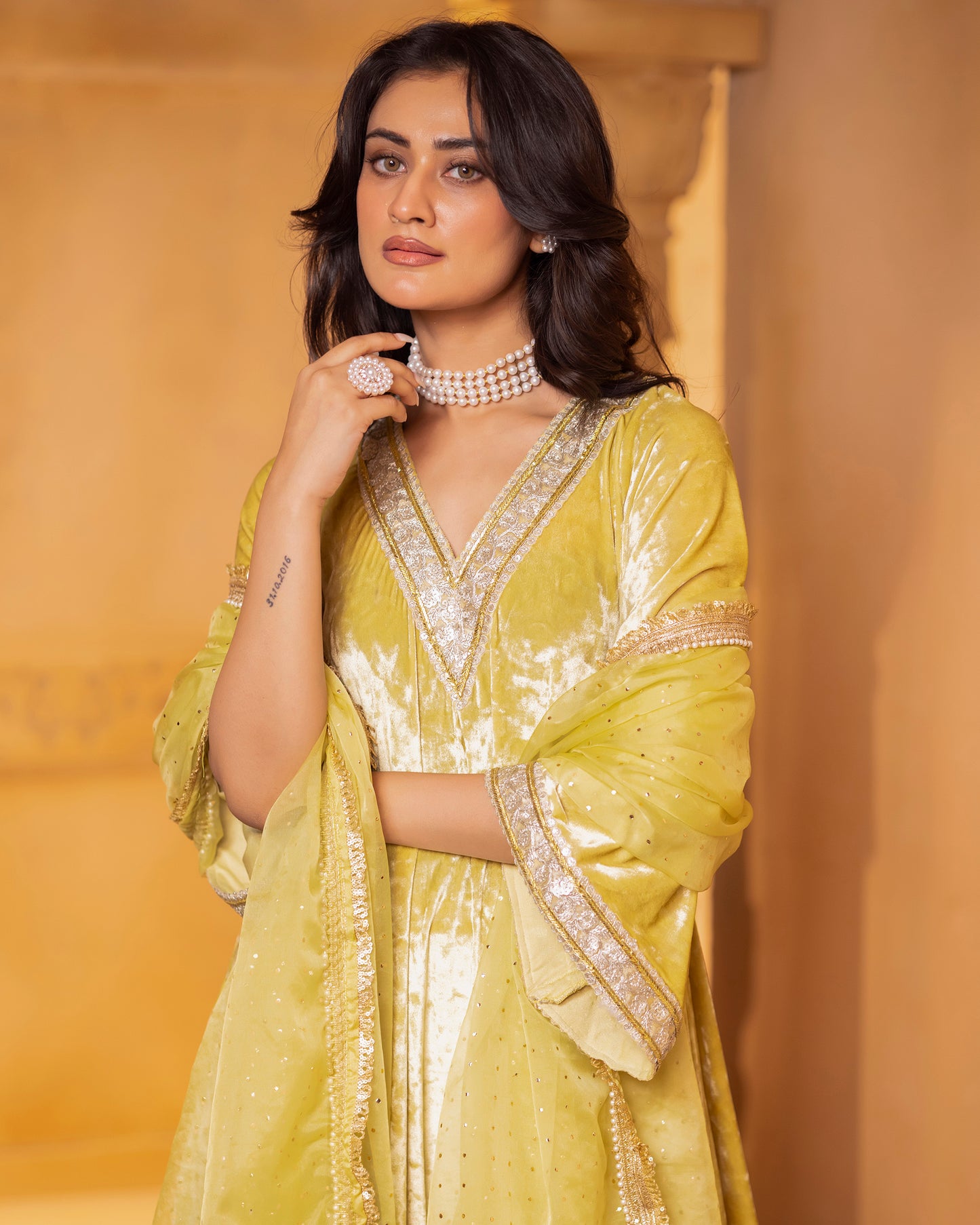 Mehru Lime Silk Velvet Kaftan with Palazzo and Dupatta - Set of 3