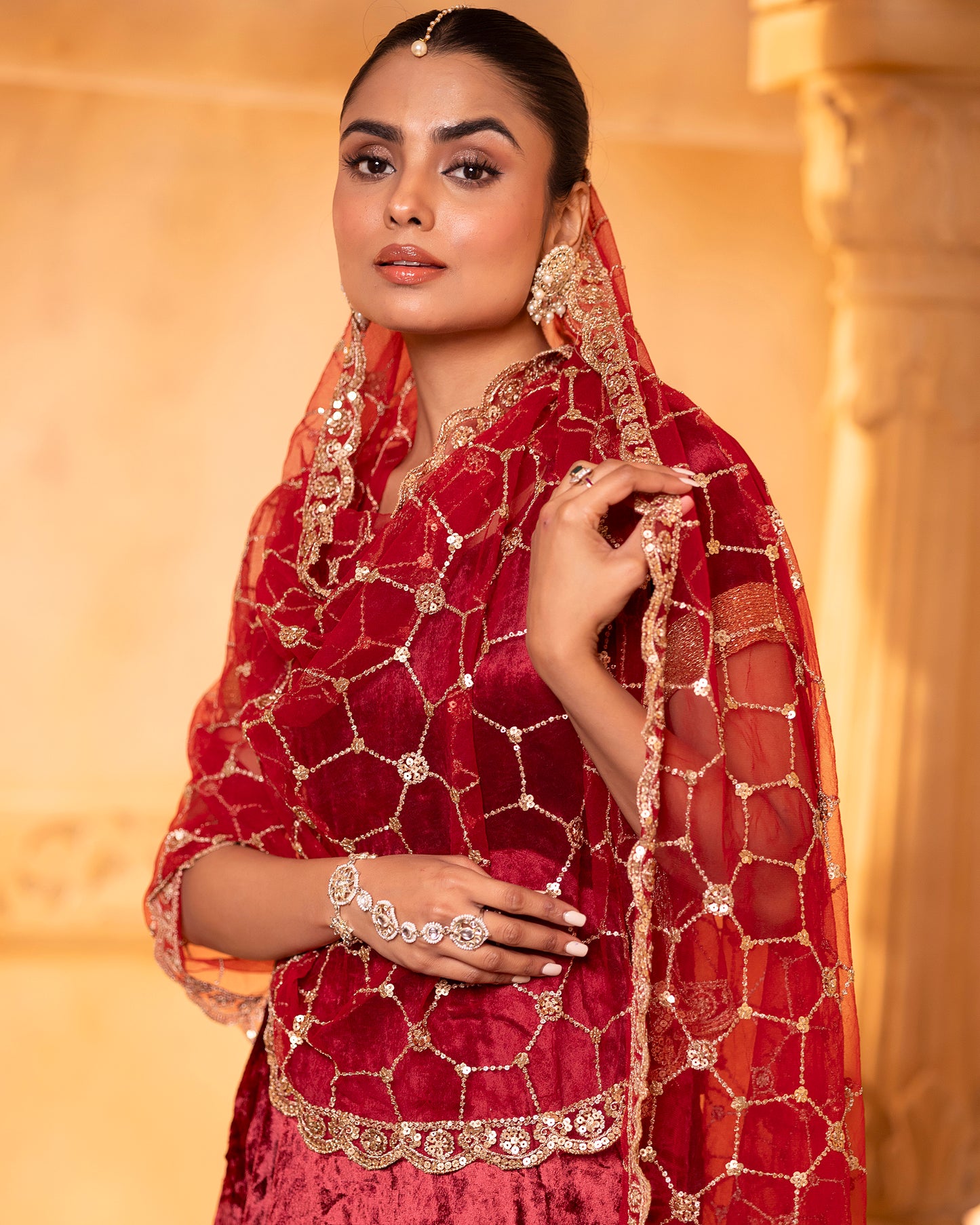 Mehru Maroon Velvet Sharara Kurti And Dupatta (Set Of 3)