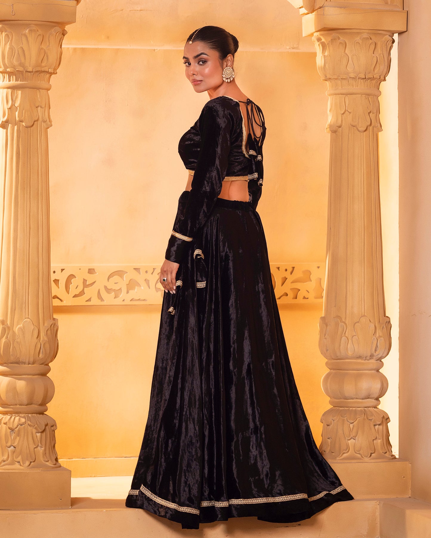 Mehru Black Velvet Blouse, Lehenga And Dupatta (Set Of 3)
