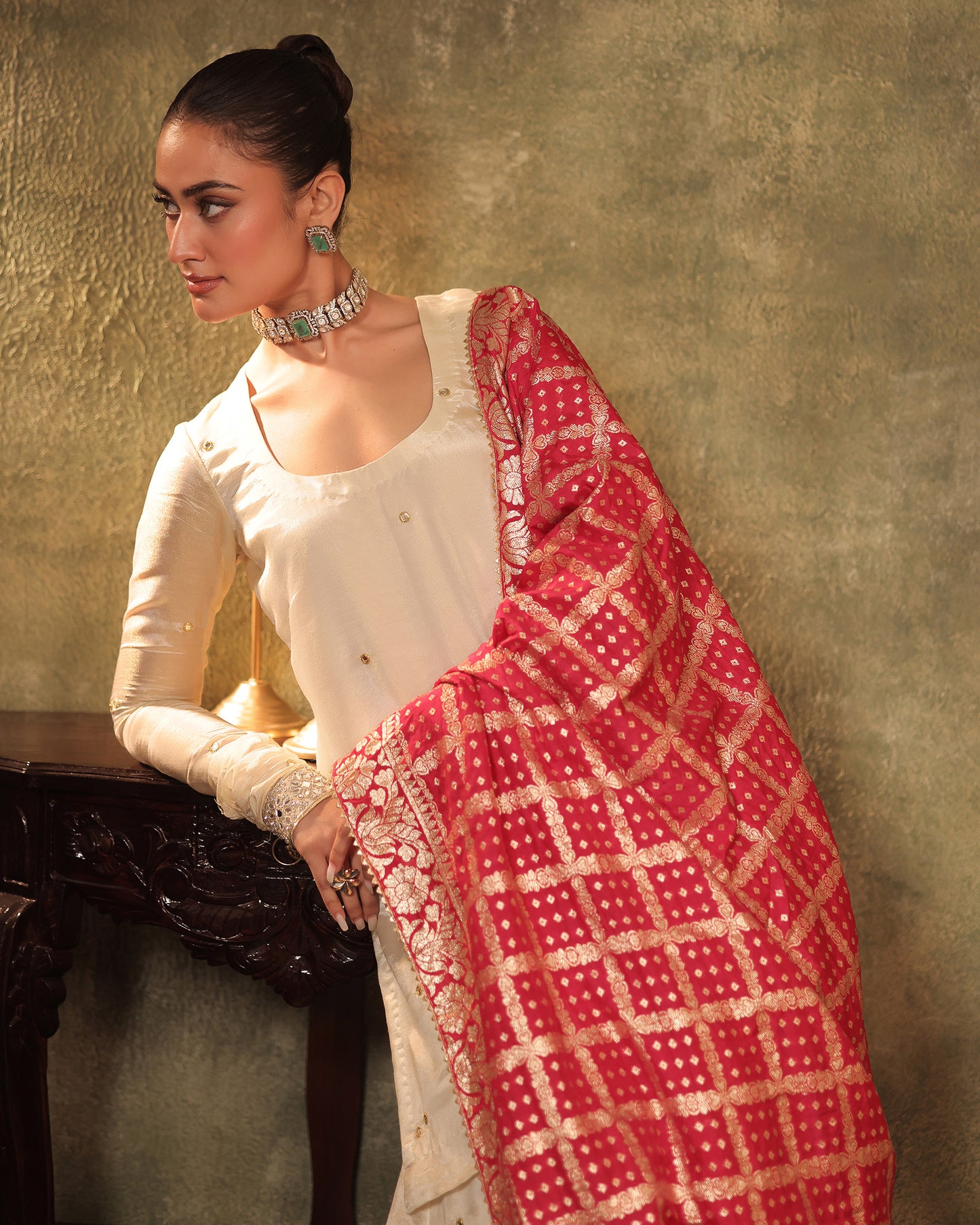 Sunheri Ivory Silk Tissue Kurta Sharara Set of 3