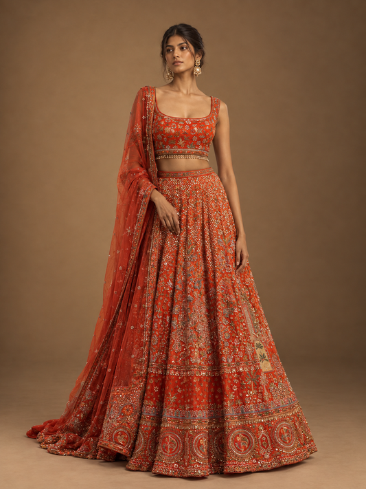 Rasiyaa Rust Orange Blouse Lehenga and Dupatta