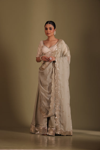 Noorika Ivory Brocade Blouse with Sage Silk Lehenga and dupatta- set of 3