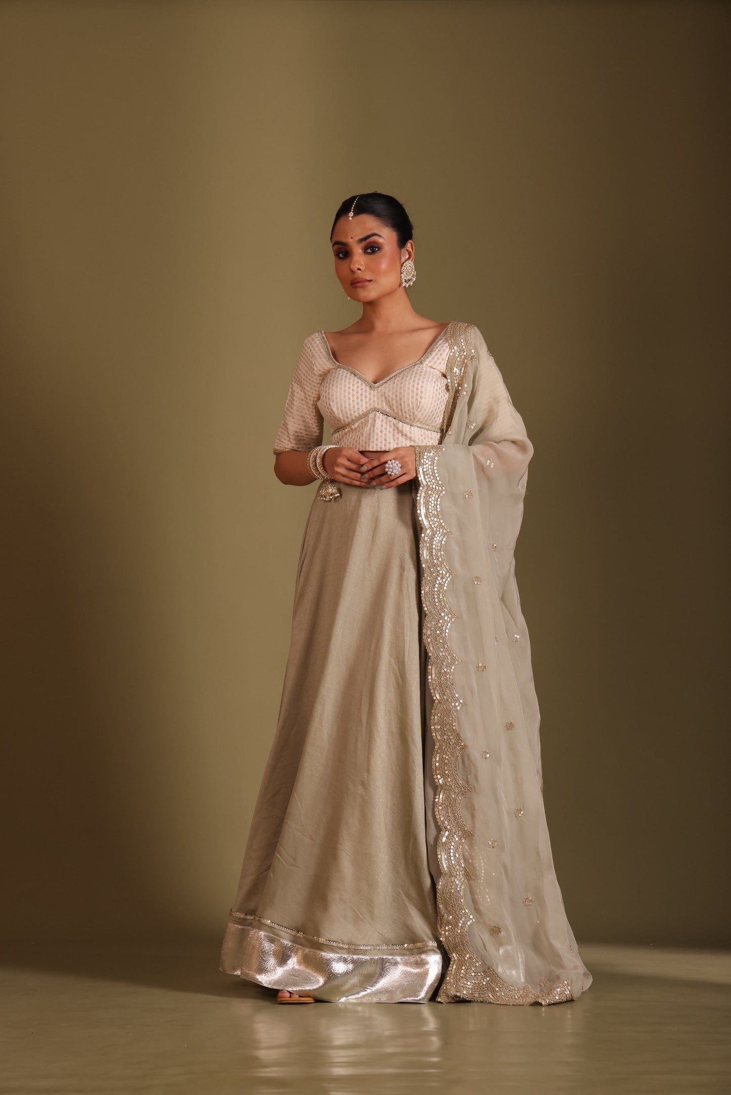 Noorika Ivory Brocade Blouse with Sage Silk Lehenga and dupatta- set of 3