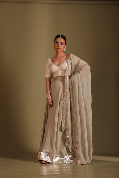 Noorika Ivory Brocade Blouse with Sage Silk Lehenga and dupatta- set of 3