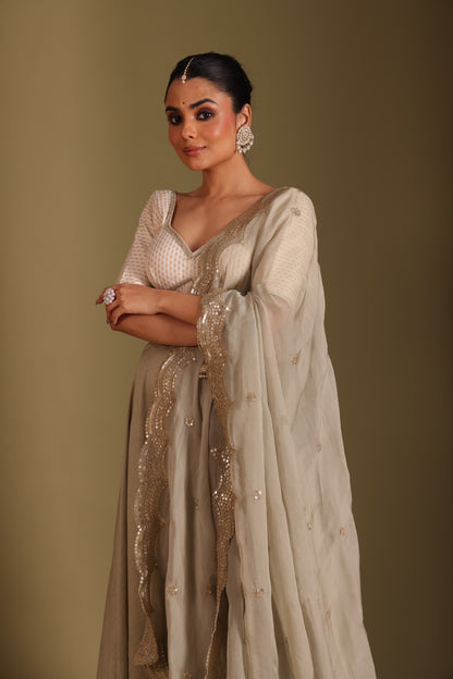 Noorika Ivory Brocade Blouse with Sage Silk Lehenga and dupatta- set of 3