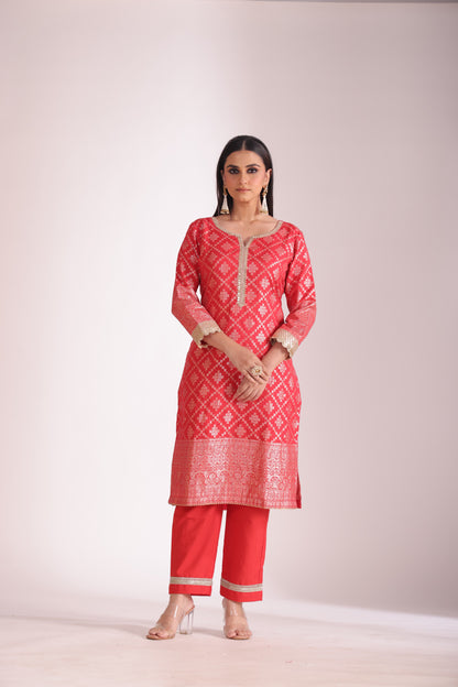 Noorika Red Chanderi Kurta with Pant and dupatta- set of 3