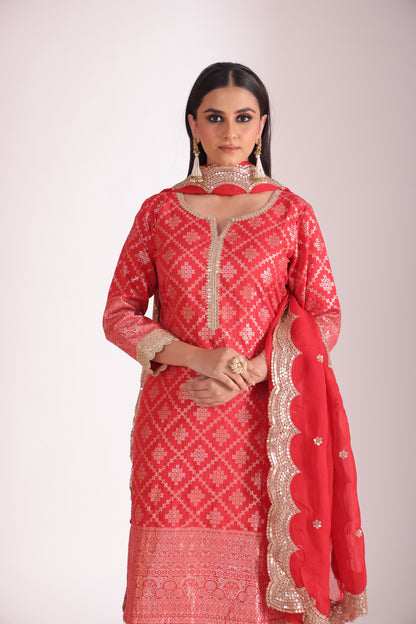Noorika Red Chanderi Kurta with Pant and dupatta- set of 3