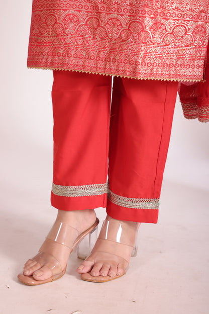 Noorika Red Chanderi Kurta with Pant and dupatta- set of 3