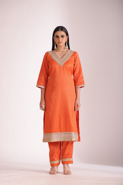 Noorika Orange Silk Kurta with Pant and dupatta- set of 3