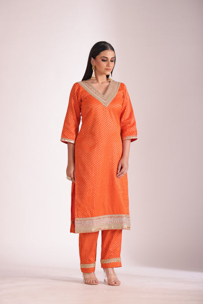 Noorika Orange Silk Kurta with Pant and dupatta- set of 3
