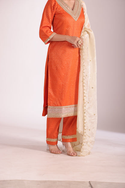 Noorika Orange Silk Kurta with Pant and dupatta- set of 3