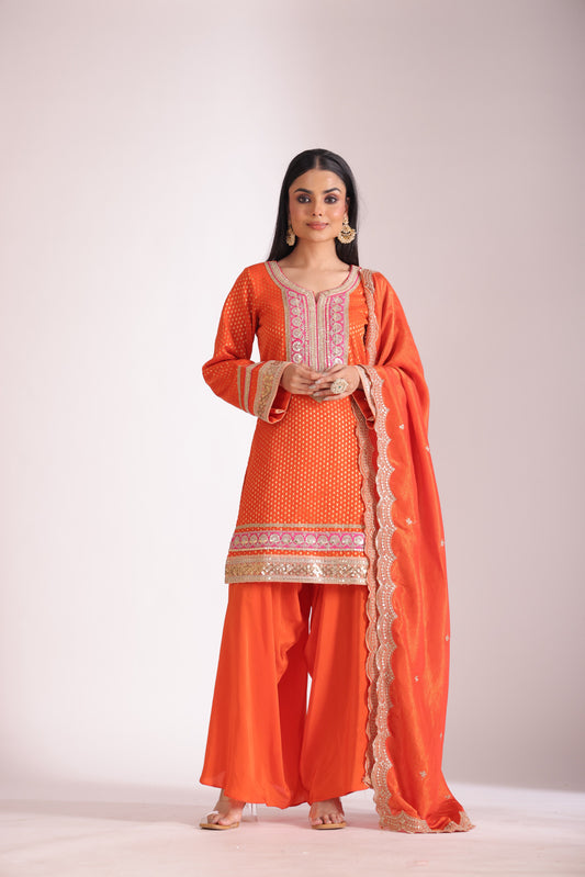 Noorika Orange Silk Kurta with Dhoti pant and dupatta- set of 3