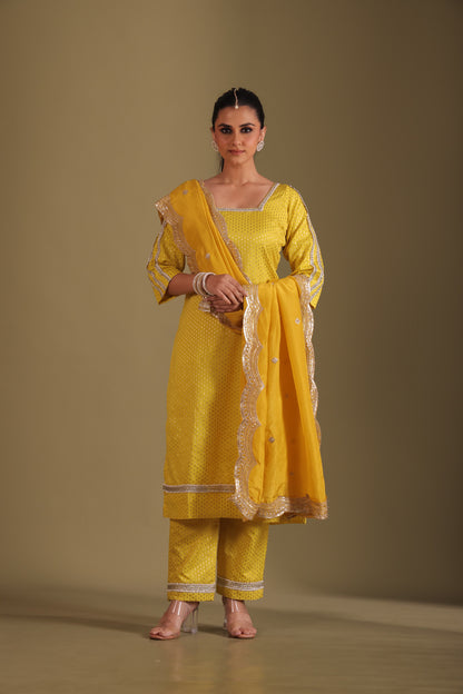 Noorika Yellow Silk Kurta with pant and dupatta- set of 3