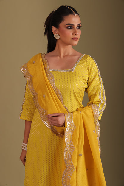 Noorika Yellow Silk Kurta with pant and dupatta- set of 3