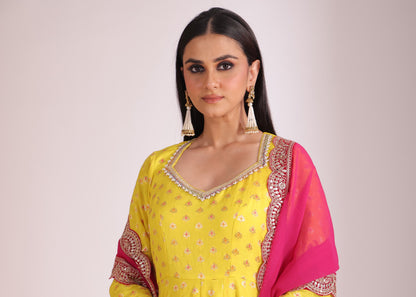 Noorika Yellow Silk Anarkali with pant and dupatta- set of 3