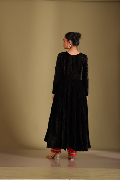 Noor-E-Zar Black Velvet Anarkali with Silk pants and Shawl - Set of 3