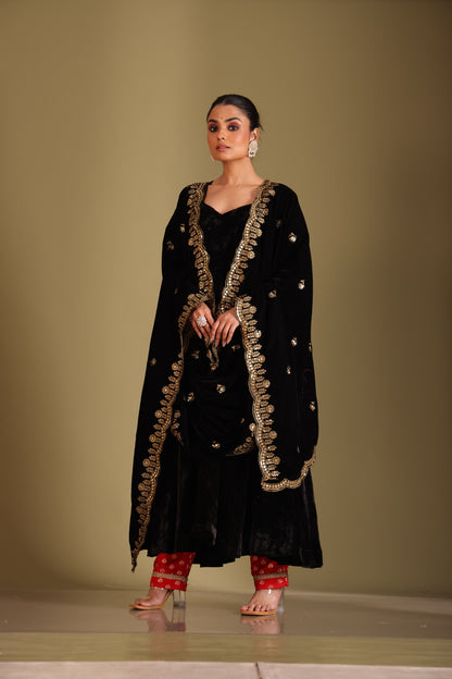 Noor-E-Zar Black Velvet Anarkali with Silk pants and Shawl - Set of 3