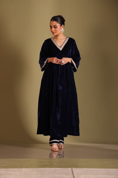 Noor-E-Zar Navy Blue Velvet Anarkali with velvet pants and Shawl - Set of 3