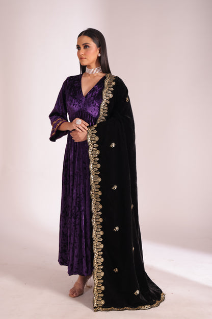 Noor-E-Zar Purple Velvet Anarkali with Velvet Palazzo and Shawl - Set of 3
