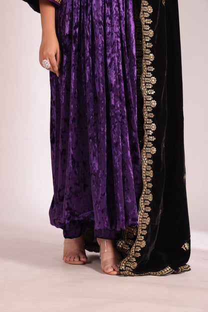 Noor-E-Zar Purple Velvet Anarkali with Velvet Palazzo and Shawl - Set of 3