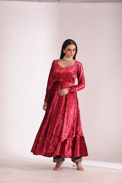 Noor-E-Zar Red Velvet Anarkali with Velvet Palazzo and Shawl - Set of 3