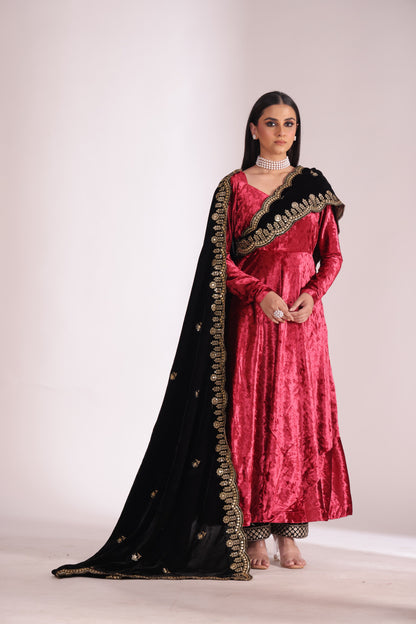 Noor-E-Zar Red Velvet Anarkali with Velvet Palazzo and Shawl - Set of 3