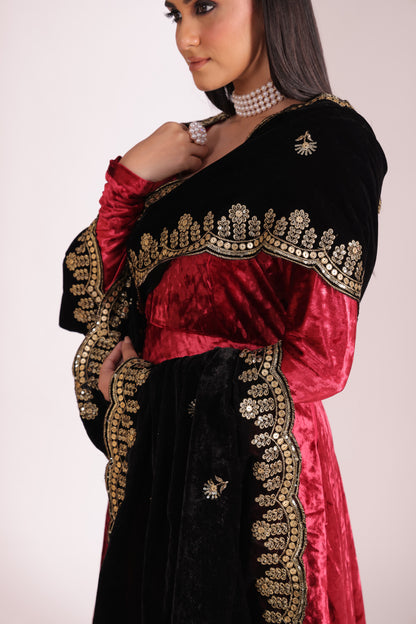 Noor-E-Zar Red Velvet Anarkali with Velvet Palazzo and Shawl - Set of 3