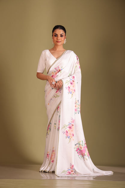 Gulzar White Floral Printed Saree and Blouse- set of 3