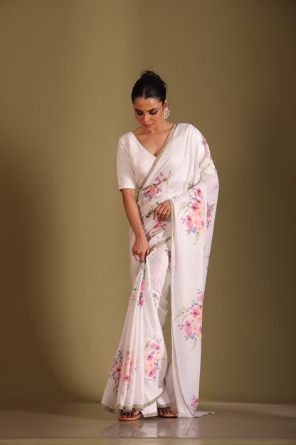Gulzar White Floral Printed Saree and Blouse- set of 3