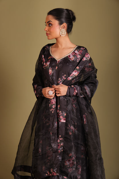Gulzar Black Floral printed anarkali with pant and dupatta- set of 3
