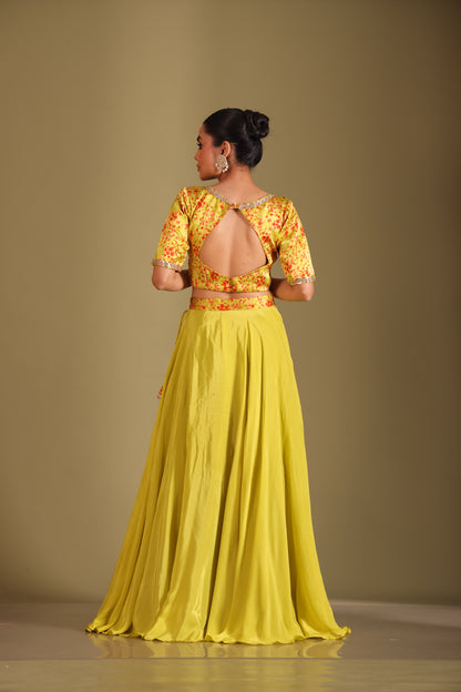 Gulzar Lime printed Blouse with Lehenga and dupatta- set of 3