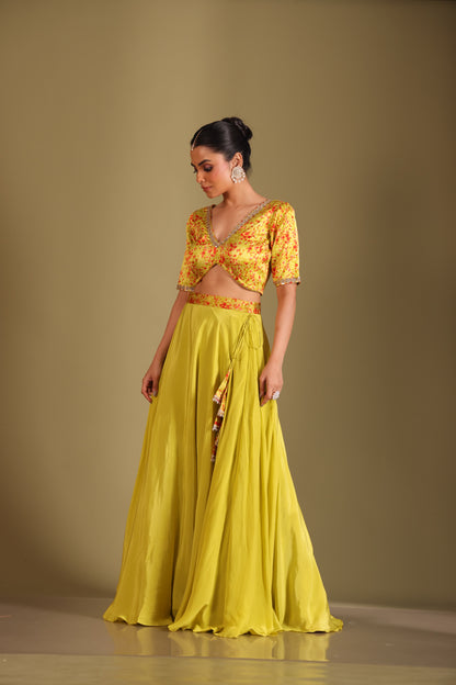 Gulzar Lime printed Blouse with Lehenga and dupatta- set of 3