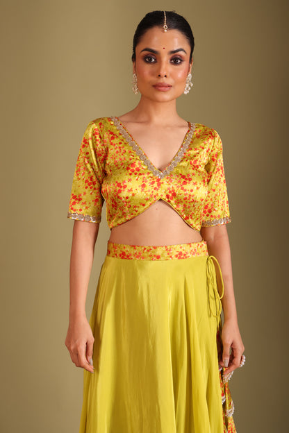 Gulzar Lime printed Blouse with Lehenga and dupatta- set of 3