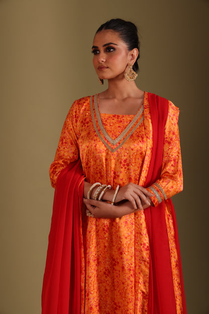 Gulzar Orange printed Kurta with Pant and dupatta- set of 3