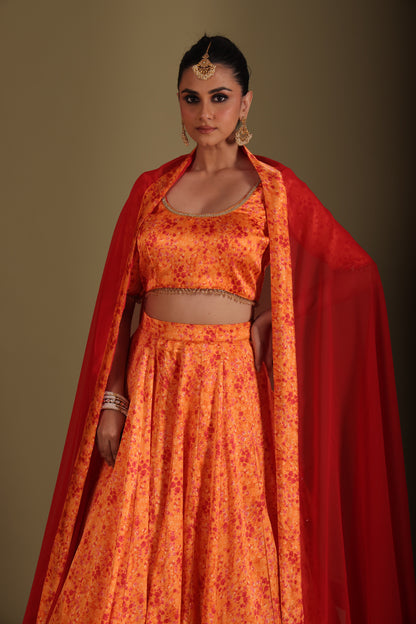 Gulzar Orange Printed Blouse with Lehenga and dupatta- set of 3