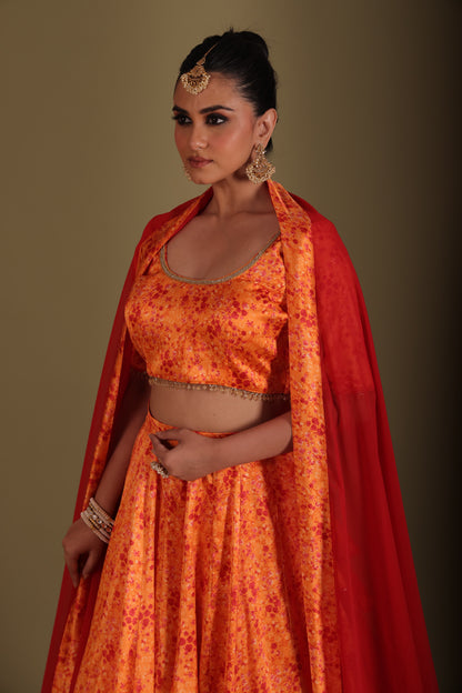 Gulzar Orange Printed Blouse with Lehenga and dupatta- set of 3