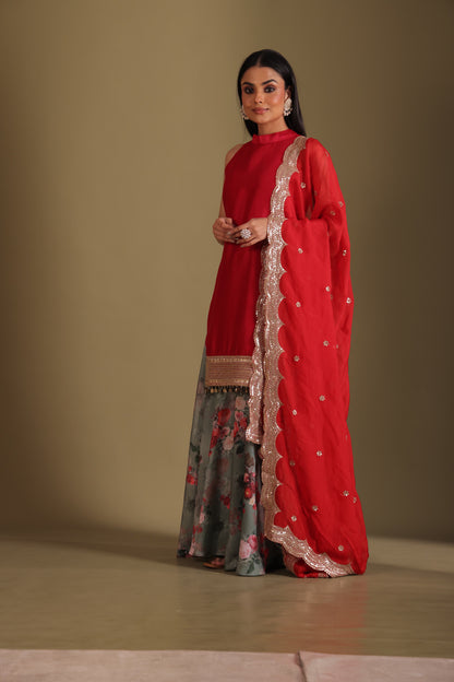 Gulzar Red-Green printed Kurta with Sharara and dupatta- set of 3