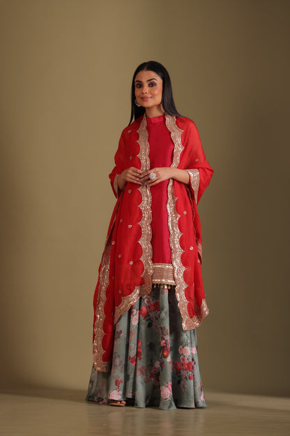 Gulzar Red-Green printed Kurta with Sharara and dupatta- set of 3