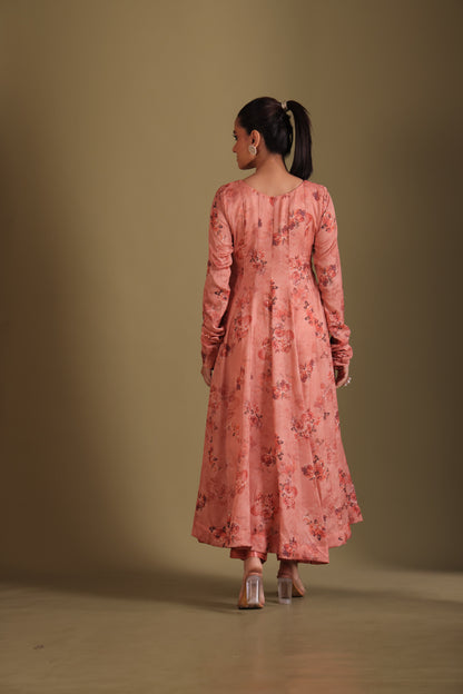 Gulzar Peach printed Anarkali with Pant and dupatta- set of 3