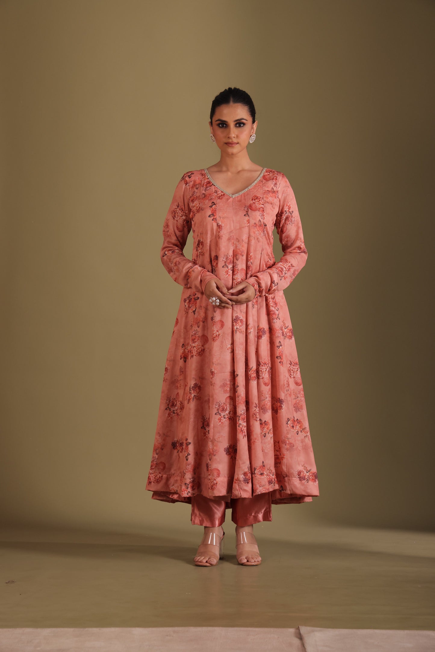 Gulzar Peach printed Anarkali with Pant and dupatta- set of 3