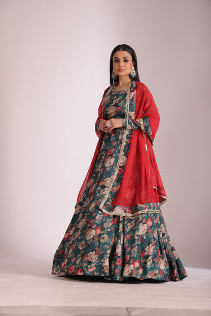 Gulzar Green printed Blouse with Lehenga and dupatta- set of 3