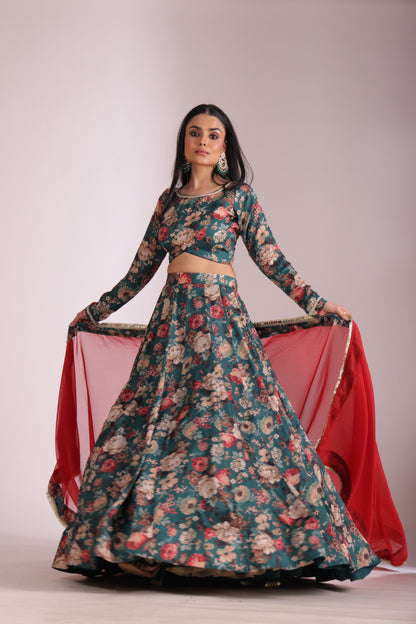 Gulzar Green printed Blouse with Lehenga and dupatta- set of 3