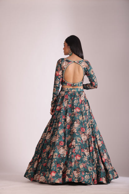 Gulzar Green printed Blouse with Lehenga and dupatta- set of 3