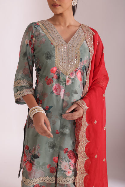 Gulzar Red-Sage printed Kurta with Sharara and dupatta- set of 3