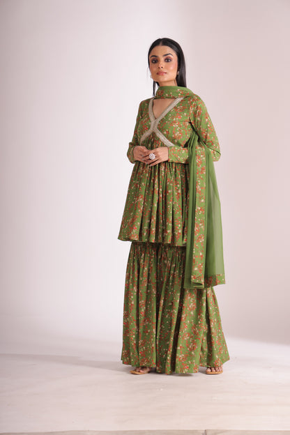 Gulzar Green printed Peplum with Gharara and dupatta- set of 3