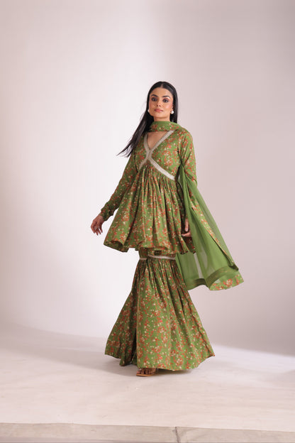 Gulzar Green printed Peplum with Gharara and dupatta- set of 3