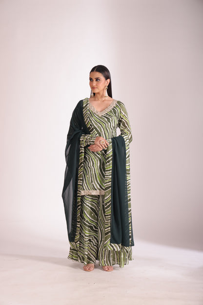 Gulzar Green printed Kurta with Sharara and dupatta- set of 3