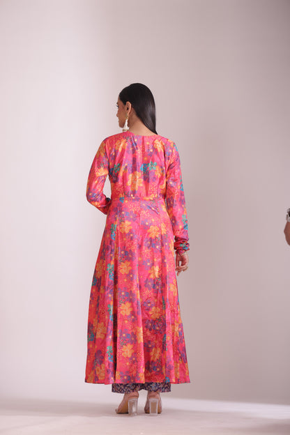 Gulzar Pink Floral printed Anarkali with pant and dupatta- set of 3
