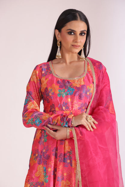 Gulzar Pink Floral printed Anarkali with pant and dupatta- set of 3